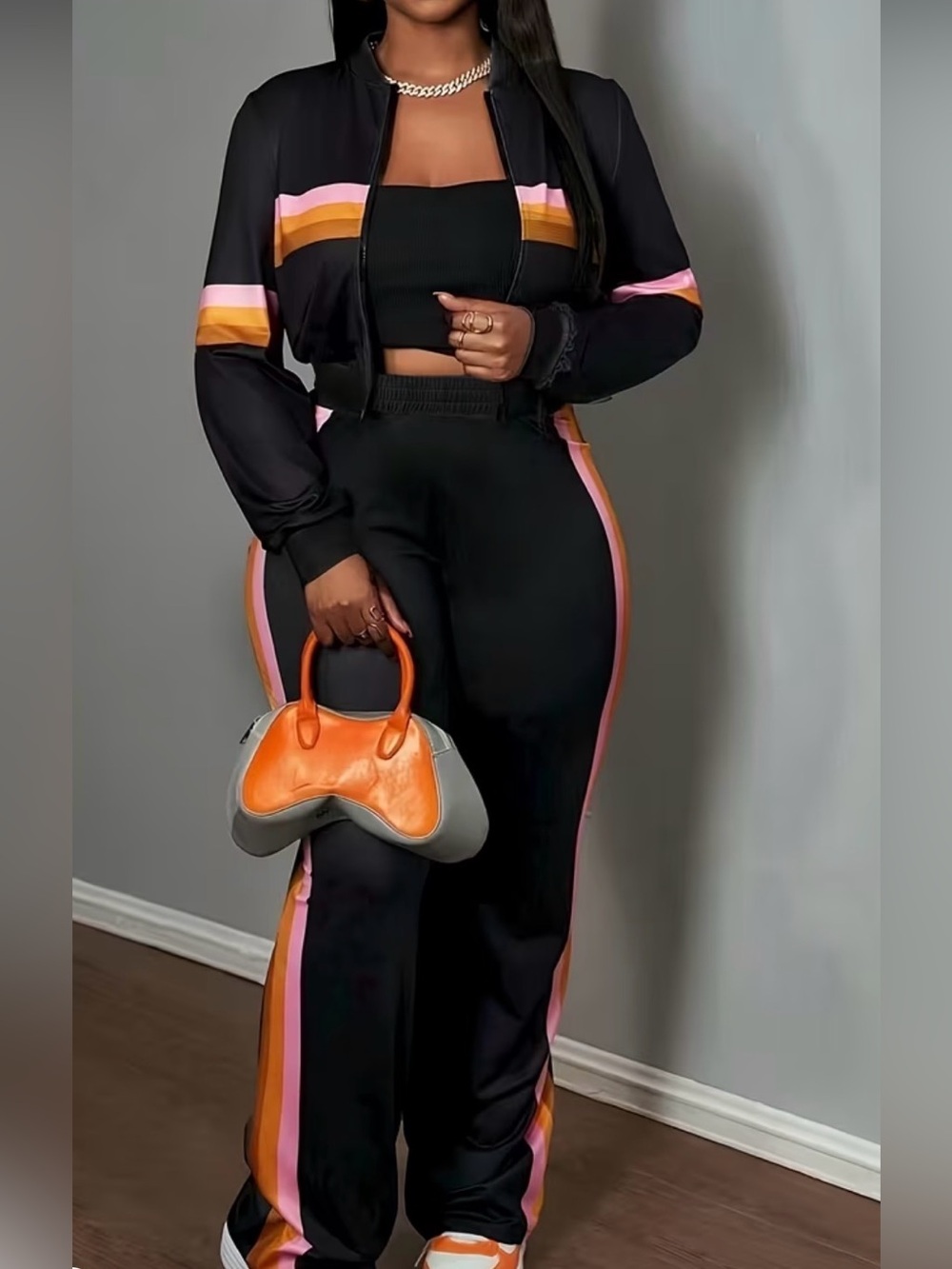 Black Wide-Leg Track Pants with Pink & Orange Side Stripes and Matching Top